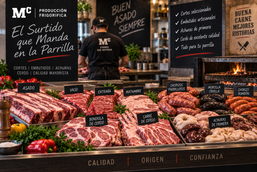 Mostrador de carnicería con cortes de asado, achuras y chorizos para la parrilla