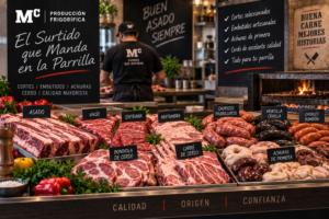 Mostrador de carnicería con cortes de asado, achuras y chorizos para la parrilla