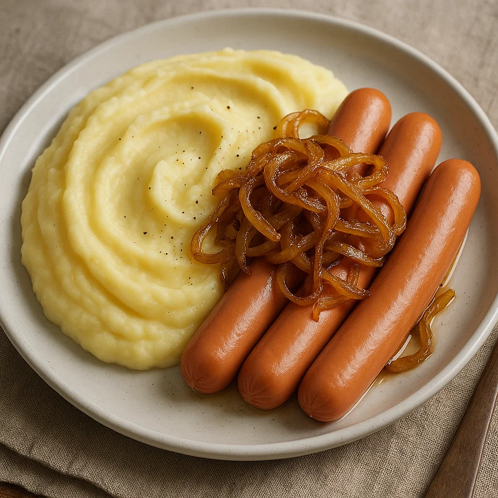 Salchichas con Cebollas Caramelizadas y Puré Cremoso — Puré Cremoso y salchichas ahumandas tipo aleman con Cebollas Caramelizadas_V2