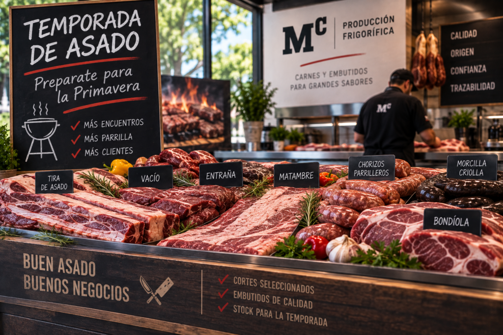 Cortes de parrilla y chorizos en el mostrador de una carnicería al arrancar la temporada de asado