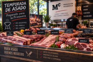 Cortes de parrilla y chorizos en el mostrador de una carnicería al arrancar la temporada de asado